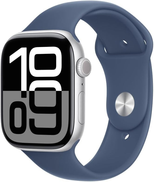 Refurbished (Excellent) - Apple Watch Series 10 [Cellular, GPS, 42mm, 64GB] Smartwatch with Silver Aluminium Case with Denim Sport Band