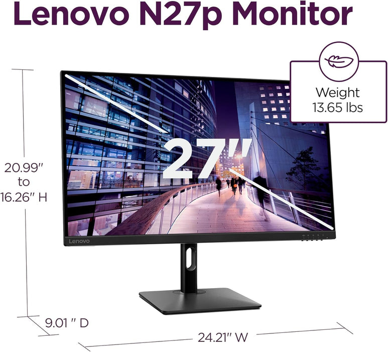 Refurbished (Excellent) - Lenovo N27p 27" QHD Monitor 2xHDMI (3840 x 2160) 1xDP 350nit 180Hz IPS .5 ms - Black