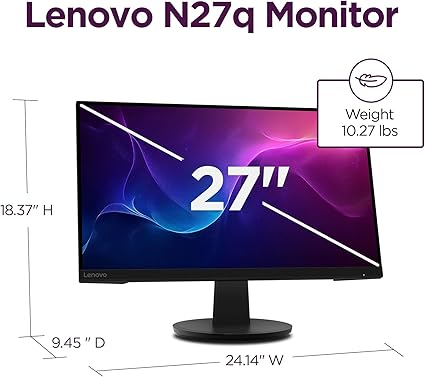 Refurbished (Good) - Lenovo N27q 27" Monitor - QHD Display (IPS, 100Hz, 4ms, DP Cable, HDMI, AMD FreeSync) Swivel Setting - Black