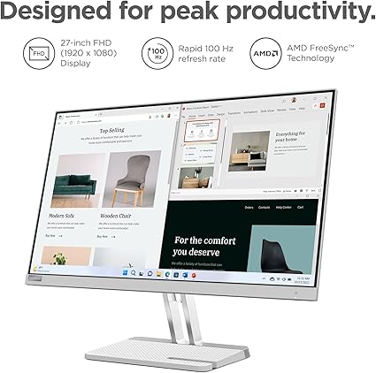 Reconditionné (Bon état) – Moniteur Lenovo L27e-40, écran 27", résolution FHD, 300 nits, 100Hz, AMD FreeSync, HDMI et VGA, support inclinable