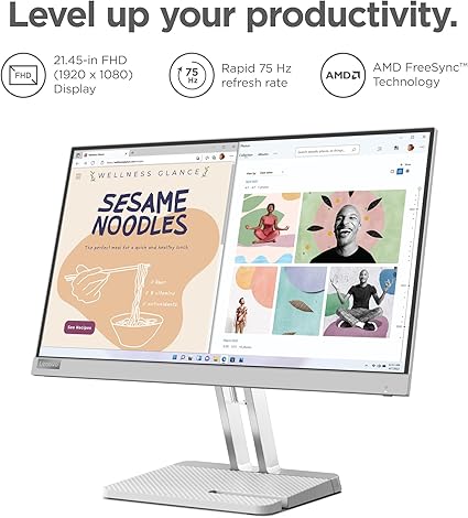 Open Box - Lenovo L22e-40 Monitor, 21.45” FHD Resolution, 250 nits Brightness, 75Hz Refresh Rate, AMD FreeSync, HDMI and VGA, Tilt-Adjustable Stand