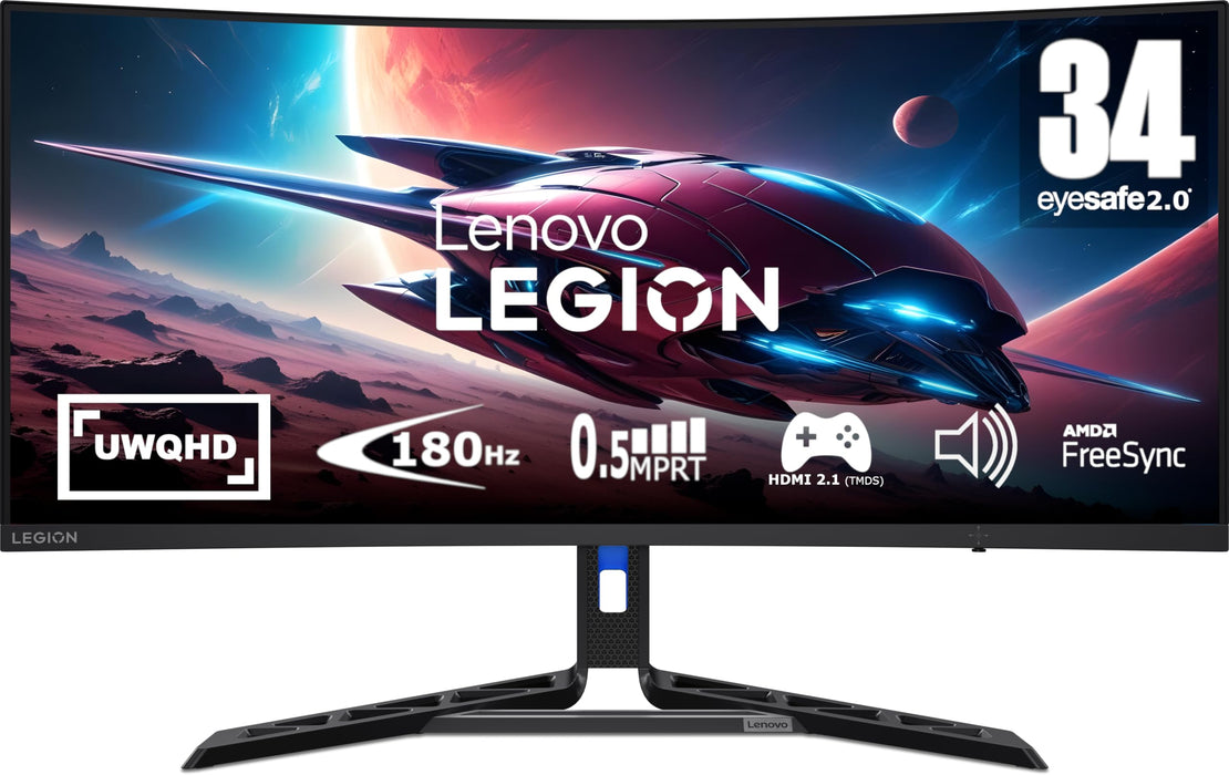 Lenovo Legion R34w-30 - Moniteur gaming incurvé UWQHD 34" (3440 x 1440, 180 Hz, 350 nits, temps de réponse 0,5 ms, dalle VA, HDMI, DisplayPort, AMD FreeSync Premium, traitement antireflet, 8,1 kg, noir) - Produit déballé