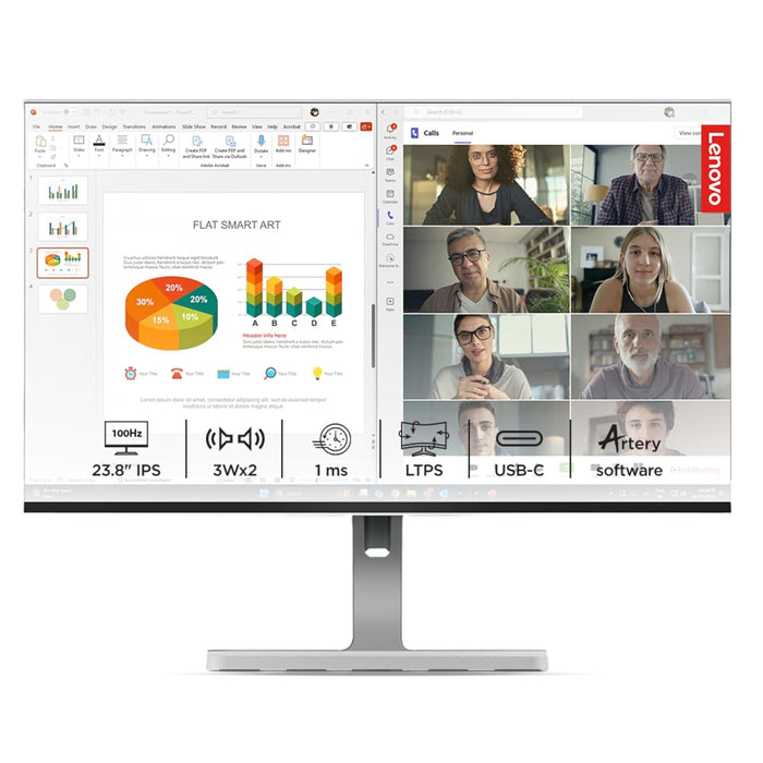 Écran Lenovo IPS FHD 24 pouces (60,4 cm) série L, boîte ouverte | 100 Hz, 1 ms, FreeSync, 2 haut-parleurs 3 W, 4 ports USB-A, 1 port USB-C, 1 port HDMI, PD-45 W, inclinable, pivotant, hauteur réglable. Support : L24m-4A