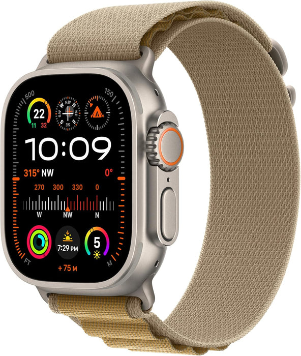 Refurbished (Fair) - Apple Watch Ultra 2 [GPS + Cellular 49mm] Smartwatch, Sport Watch with Rugged Natural Titanium Case with Tan Alpine Loop. Fitness Tracker, Precision GPS, Action Button