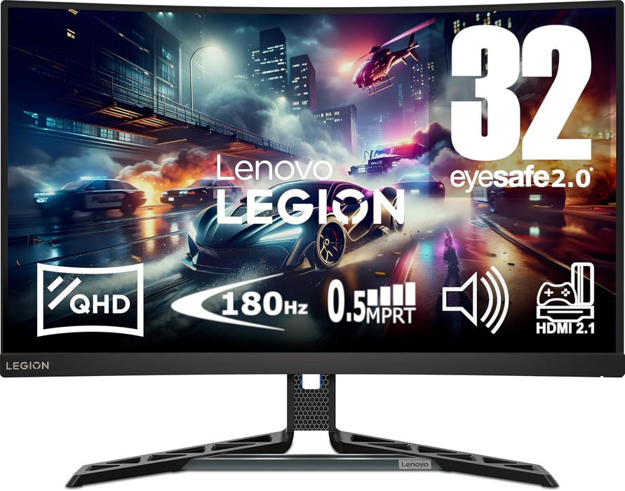 Lenovo Legion R32qc-30 Écran incurvé QHD VA 180 Hz 0,5 ms, 31,5 pouces, HDMI 2.1, DisplayPort, AMD FreeSync, haut-parleurs, inclinable, pivotant et réglable en hauteur.