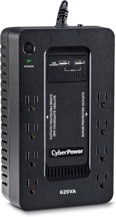 Coffret ouvert - Système d'alimentation sans coupure de secours CyberPower ST625U, 625 VA/360 W - 8 prises - 2 ports de chargement USB - Batterie de secours et protection contre les surtensions